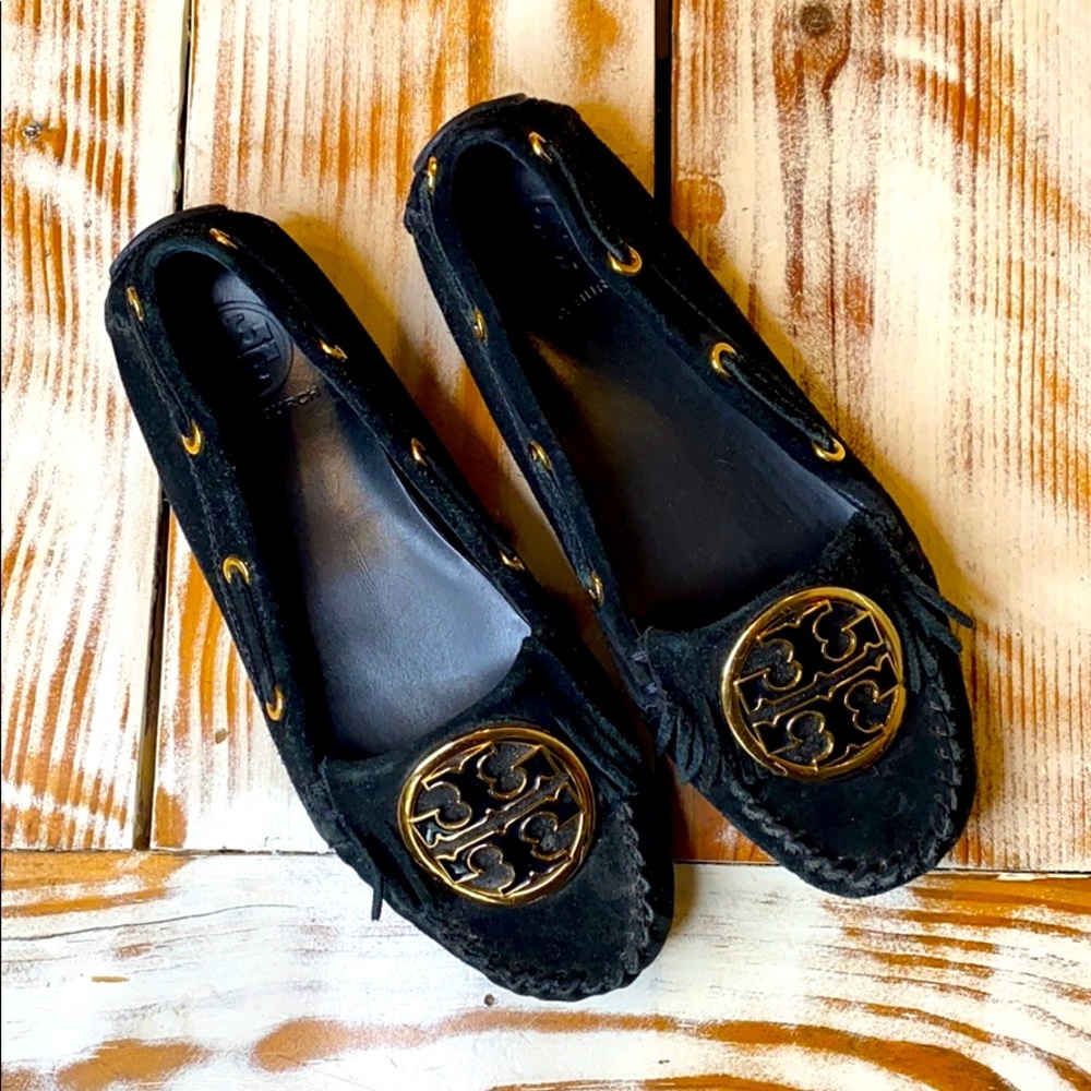 Tory Burch Black Gold Logo Suede Leather Loafer Shoes Size 6.5